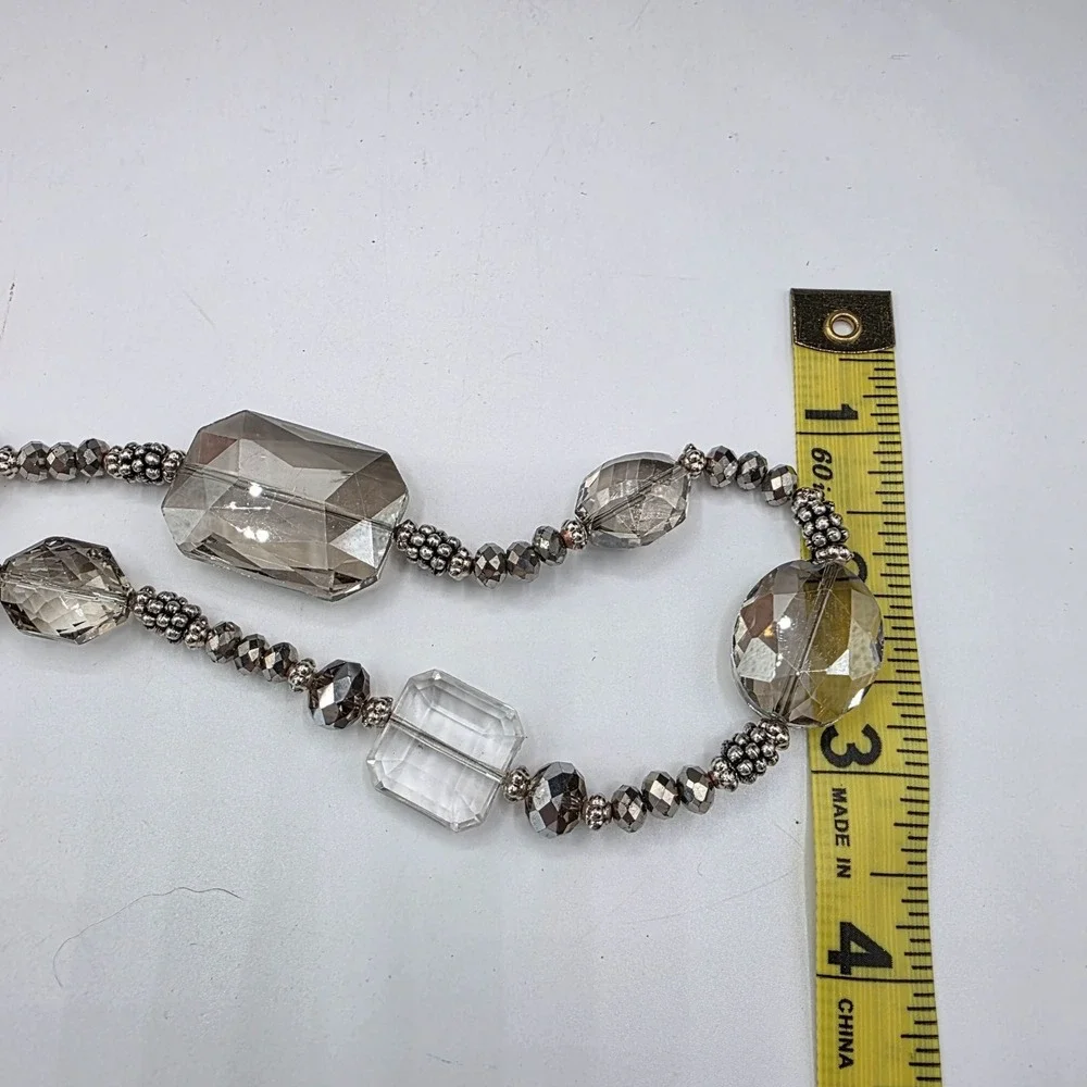 Chico's Beaded Statement Necklace Crystal Faceted‎ Gem Silver Tone Long Boho